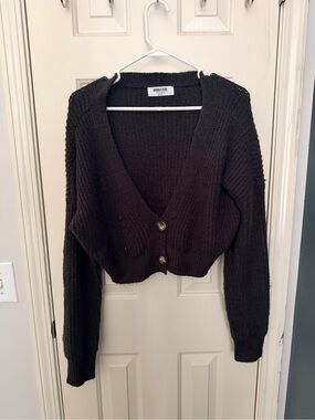 Double Zero Dark Brown Cropped V-Neck Button Cardigan